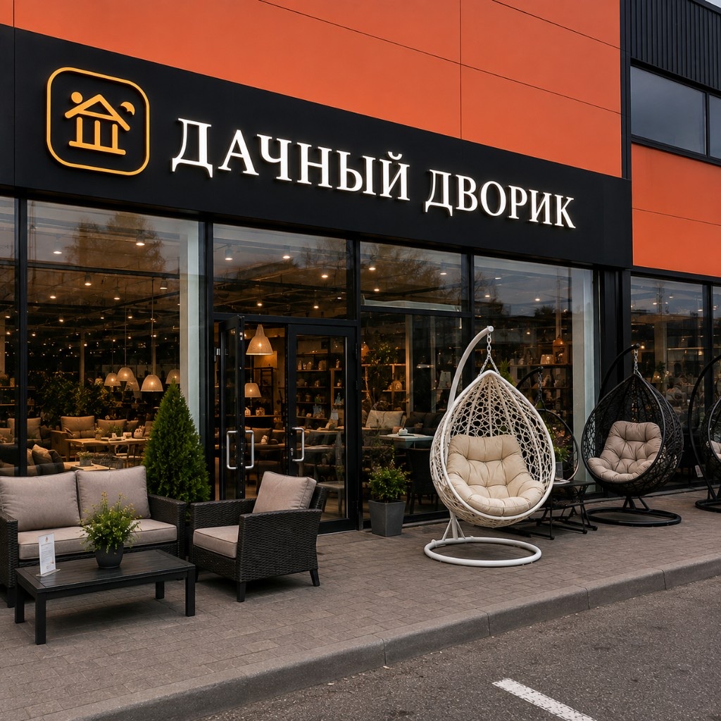 Шоурум DACHNIYDVORIK.RU: витрина с садовой мебелью и креслами-коконами